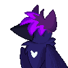 Pixel art of a dark blue magpie with ears and hair that covers her eyes. She has a white heart-shape on her chest.